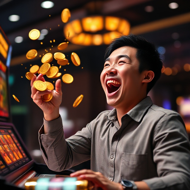 Happy Southeast Asian player celebrating a progressive jackpot win at JokerSlots Asean
